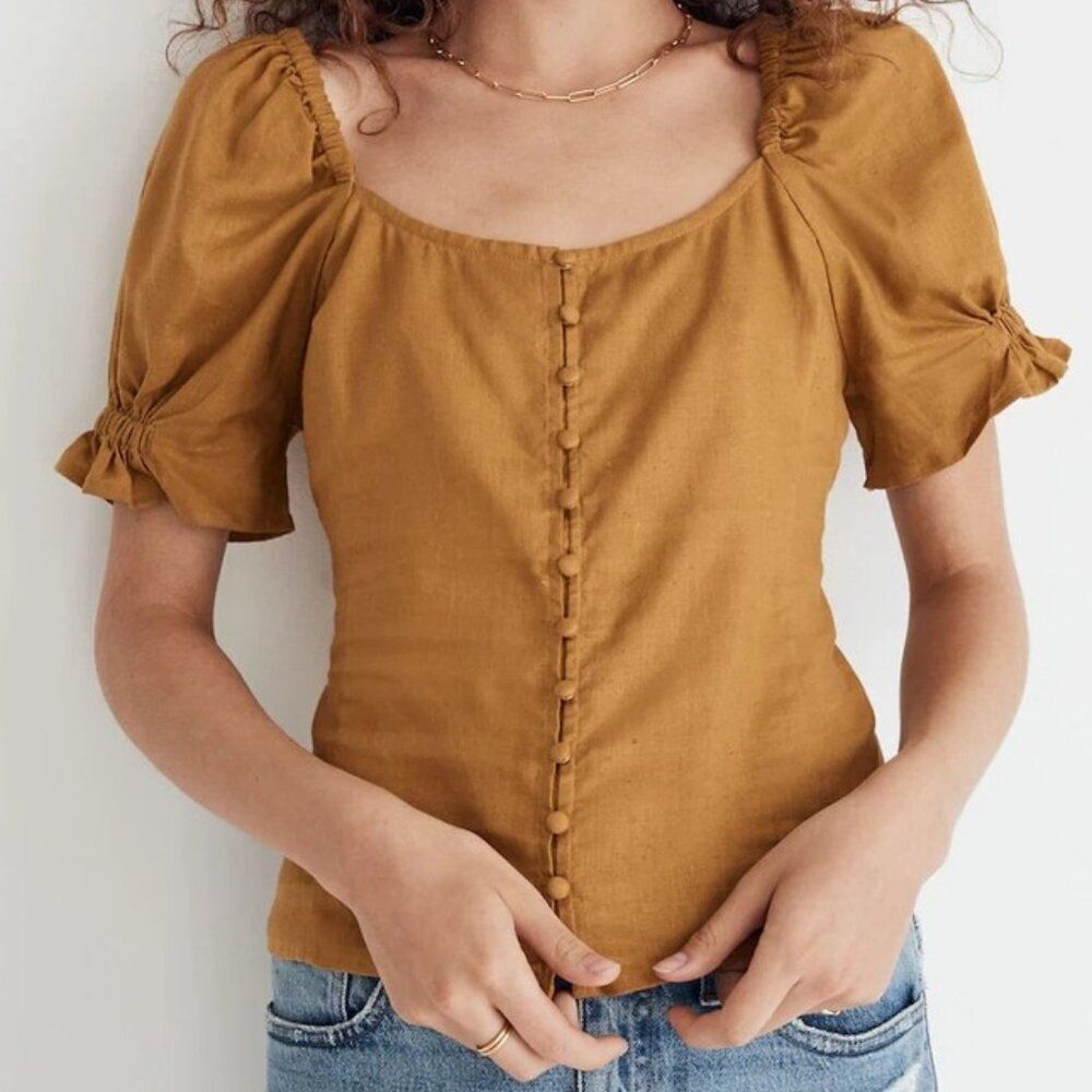 Madewell Hemp Blend Puff Sleeve Button Front Top Bronze Yellow Size 6